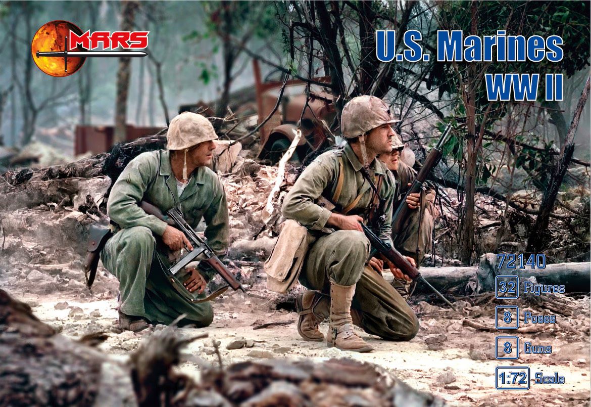 MARS 1:72 SET 72140 WWII U.S. MARINES 32 FIGURES, 8 GUNS (GREY)