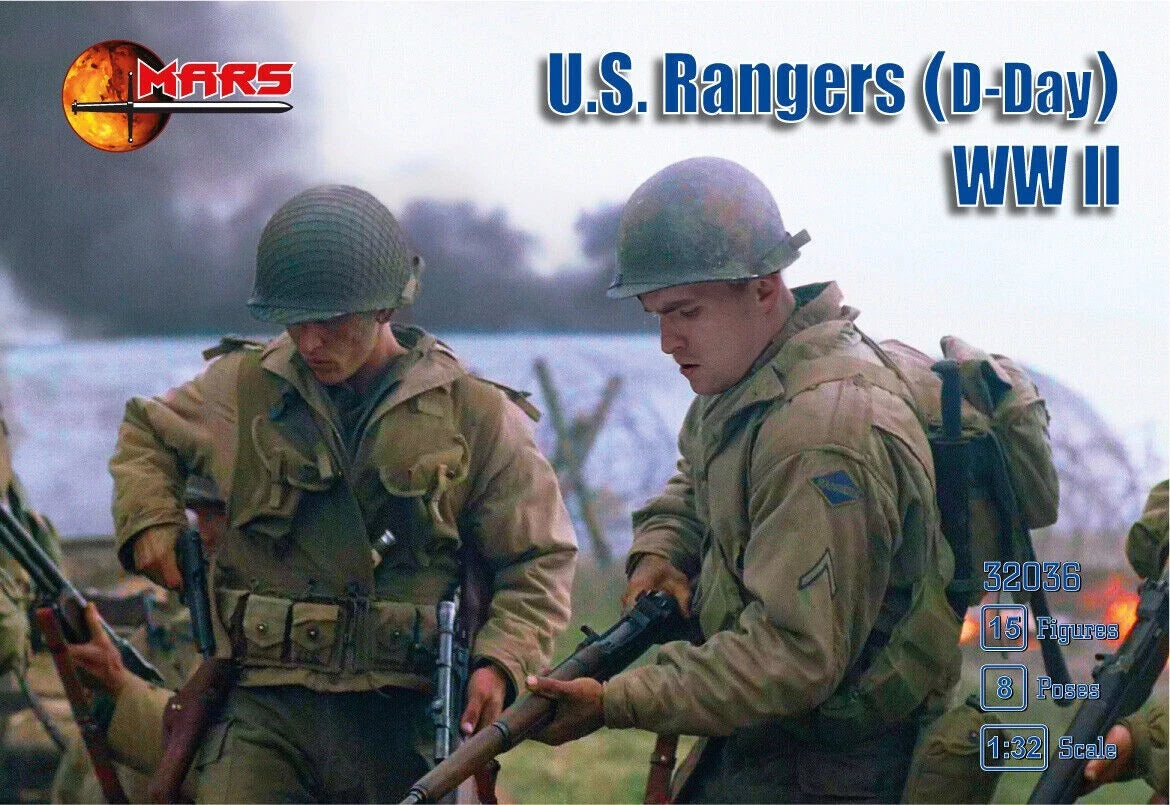 MARS 32036 WORLD WAR II US RANGERS D-DAY 15 FIGURES/ 8 POSES MILITARY GREEN