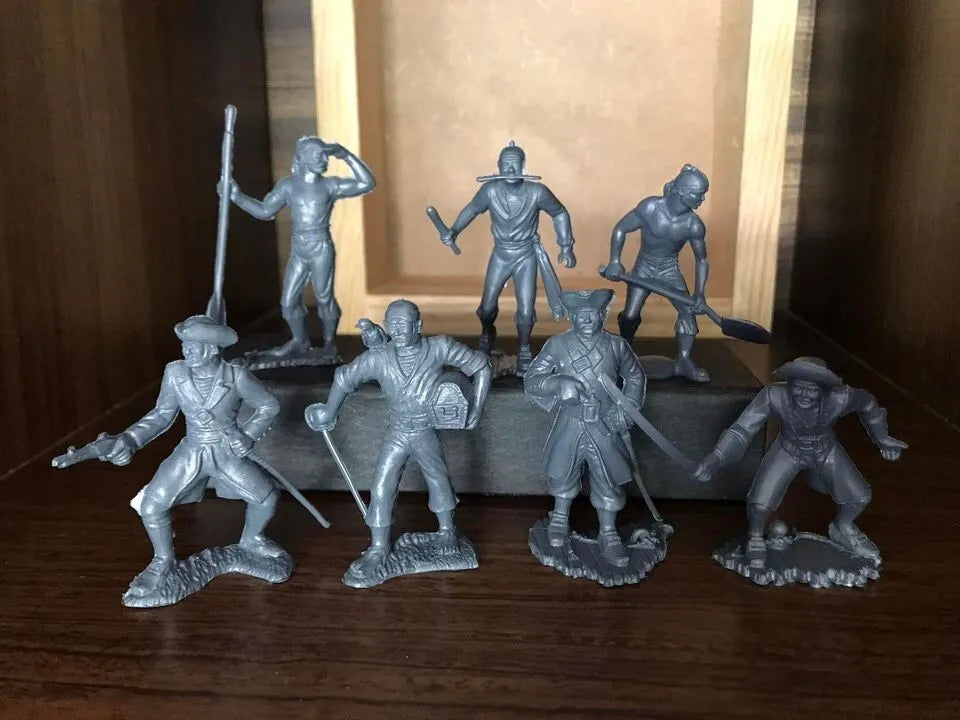 MARX RECAST 60MM PIRATES PLAY SET, 16 FIGURES- GREY PLASTIC