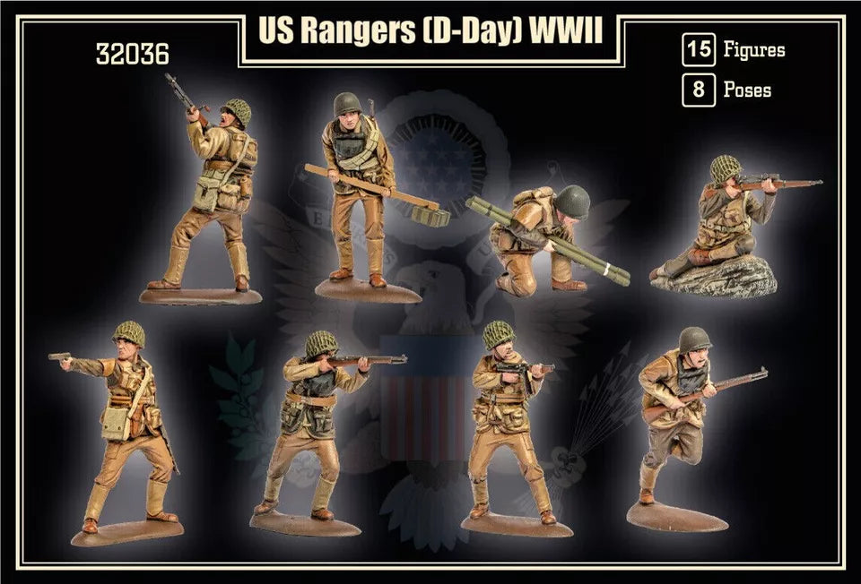 MARS 32036 WORLD WAR II US RANGERS D-DAY 15 FIGURES/ 8 POSES MILITARY GREEN