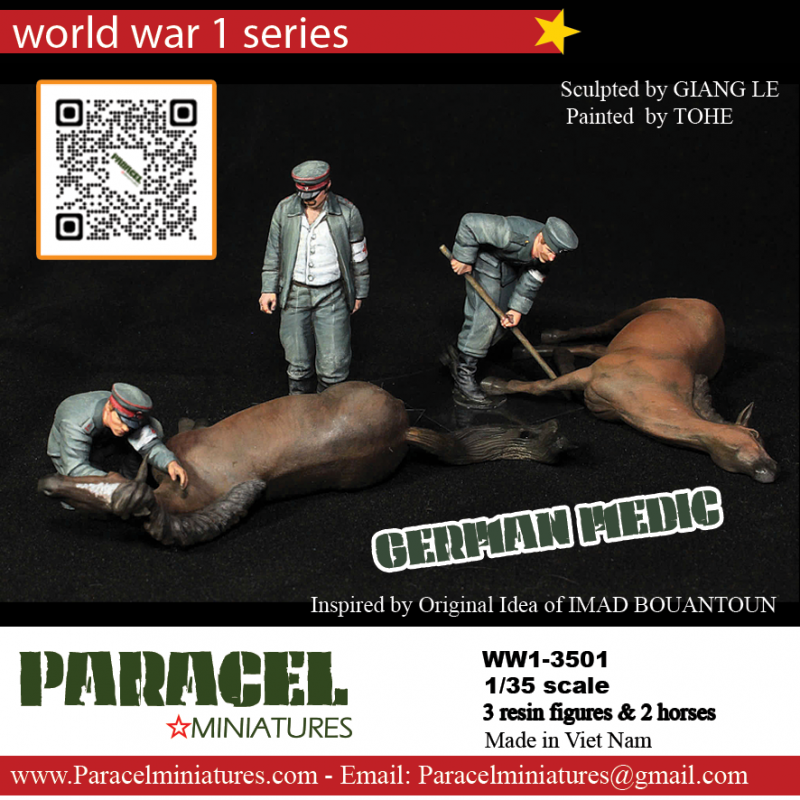 PARACEL MINIATURES WWI SERIES WW1-3501 GERMAN MEDIC (3 FIGURES & 2 HORSES)