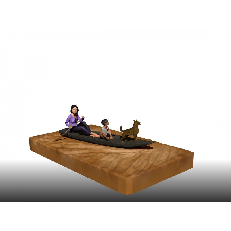 PARACEL MINIATURES VIETNAM SERIES AC0106 VIETNAM WOODEN BOAT W/ 2 FIGURES + DOG