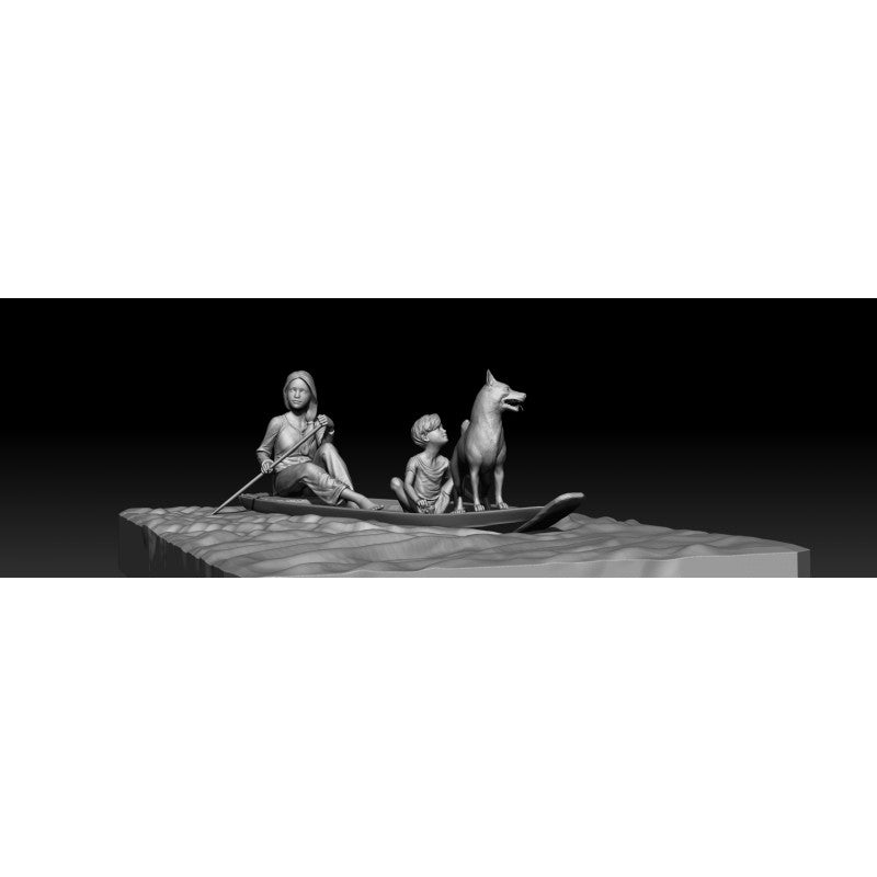 PARACEL MINIATURES VIETNAM SERIES AC0106 VIETNAM WOODEN BOAT W/ 2 FIGURES + DOG