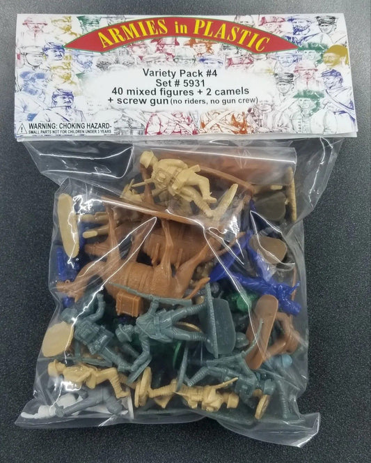 ARMIES IN PLASTIC 5931 VARIETY PACK #4 40 MIXED FIGURES + 2 CAMELS+ 1 SCREW GUN