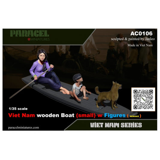 PARACEL MINIATURES VIETNAM SERIES AC0106 VIETNAM WOODEN BOAT W/ 2 FIGURES + DOG